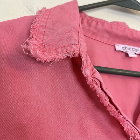 Chico's Shirt Women's 12 Pink Frayed Trim Roll-Tab Long Sleeve Button Up Blouse - Picture 6 of 10